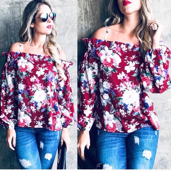 Gorgeous Burgundy Floral Off The Shoulder Top - Picture 2 of 2
